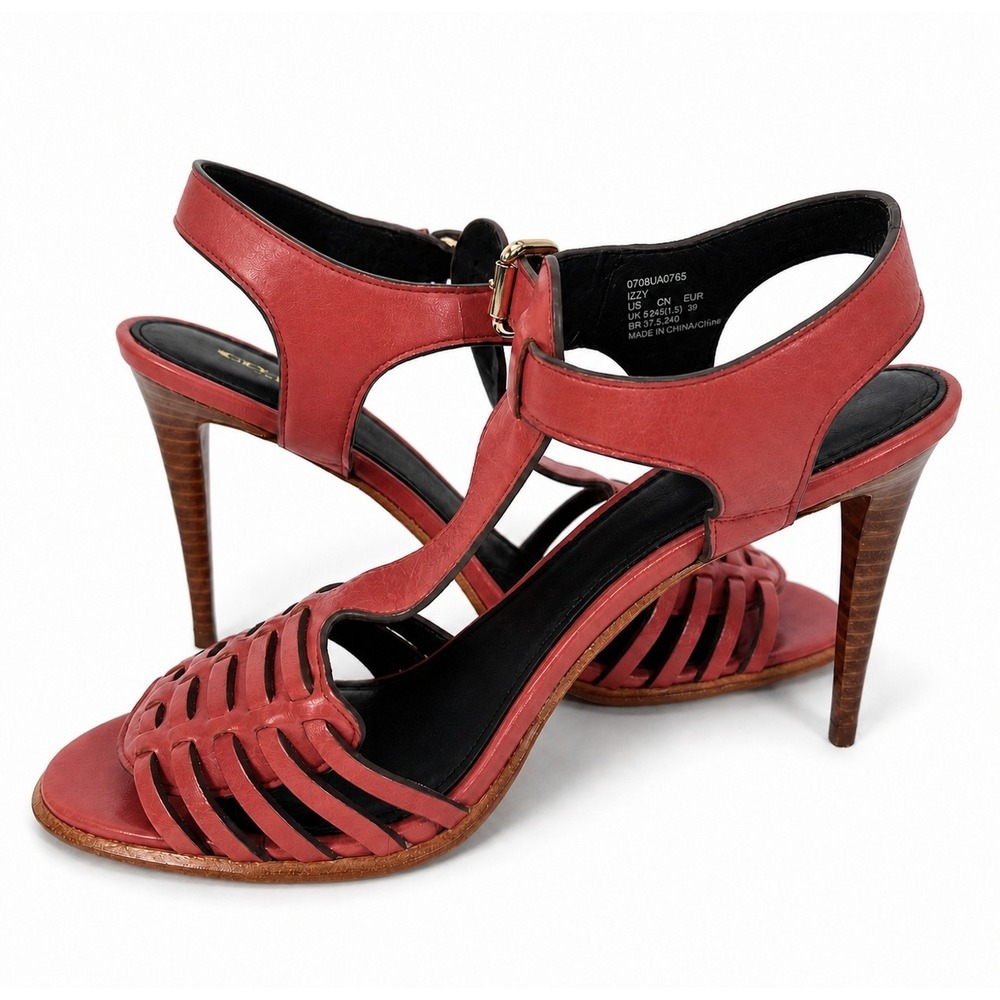 Coach Izzy Sandals Womens 9B Red Leather Caged T-Strap Stiletto Heels Q7083